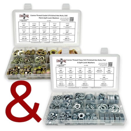 Boltsandnuts.Com 2 Kits: Inch & Metric Hex Nuts, Washers, Split Lock Washers 702 PCS Assortment Kit #187
